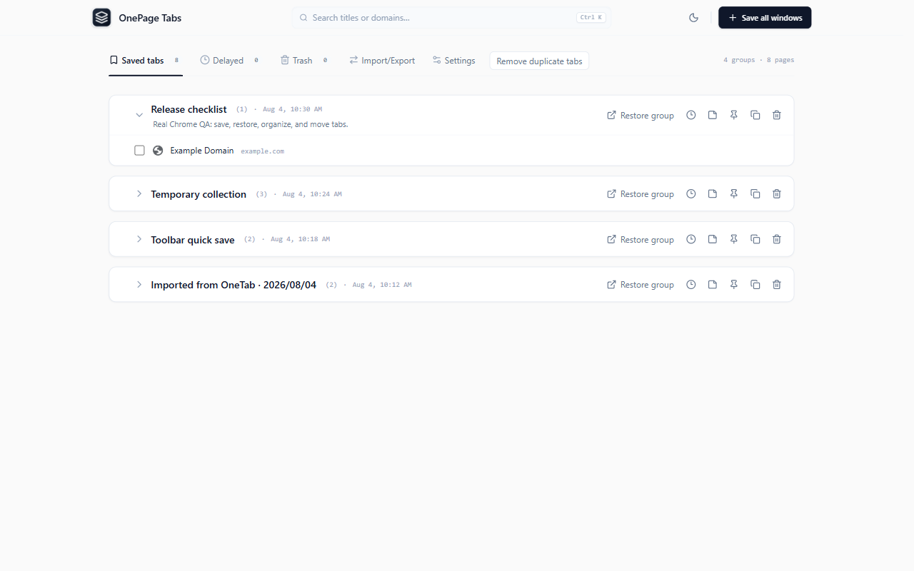 OnePage Tabs library showing saved tab groups, individual tabs, and restore controls